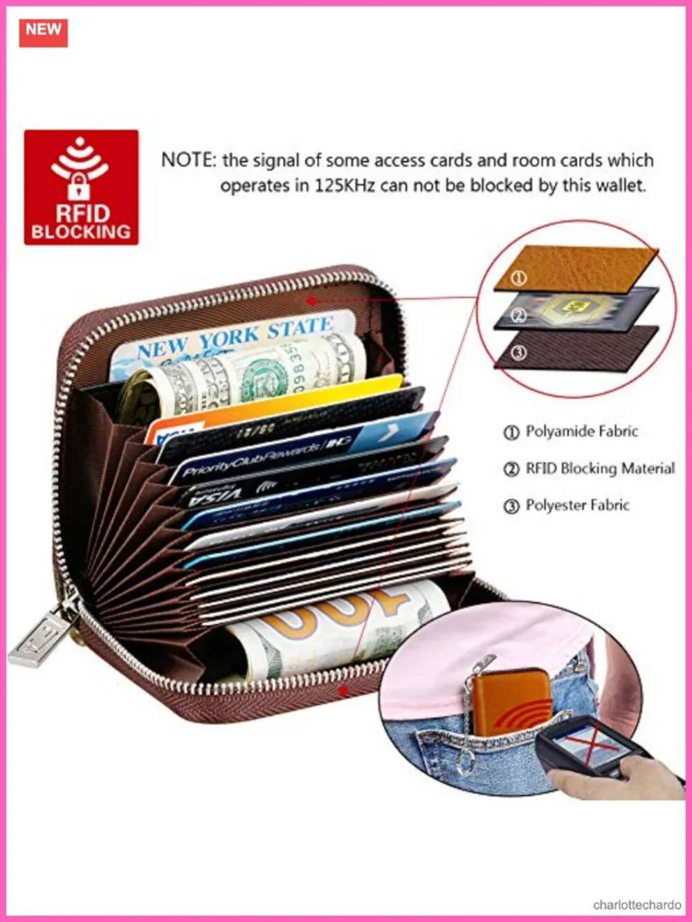 RFID Blocking Zipper Wallet with Key Chain, 16 Slots, Compact Business Card